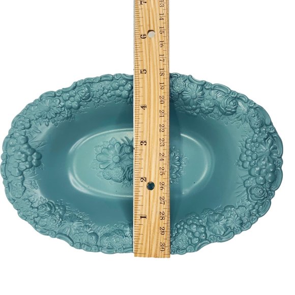 Vtg Trinket Dish Jewelry Tray Soap Blue Painted Metal High Relief Floral Ornate - Picture 8 of 10